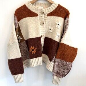 Luna Ivy Anthropologie Sz L Cardigan Sweater Chunky Patchwork Boho Hippie Earthy